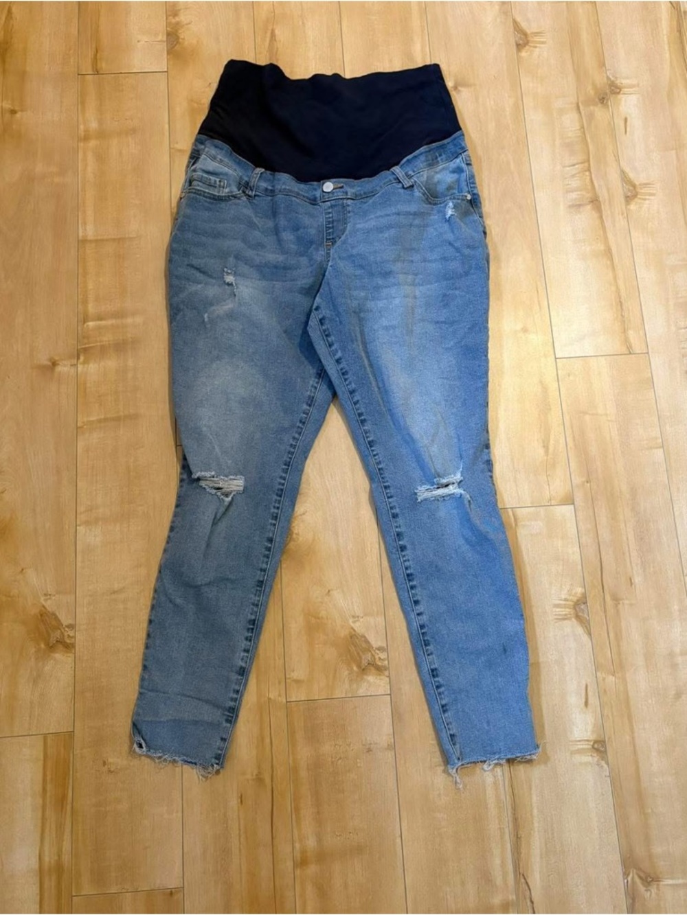 Paisley Sky Distressed Blue Skinny Maternity Jeans with Black Waistband